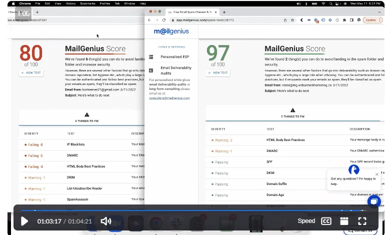 MailGenius before and after — score up from 65 to 96