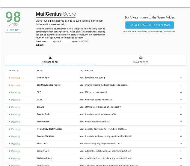 MailGenius Score 98 out of 100 — all checks passing after setup